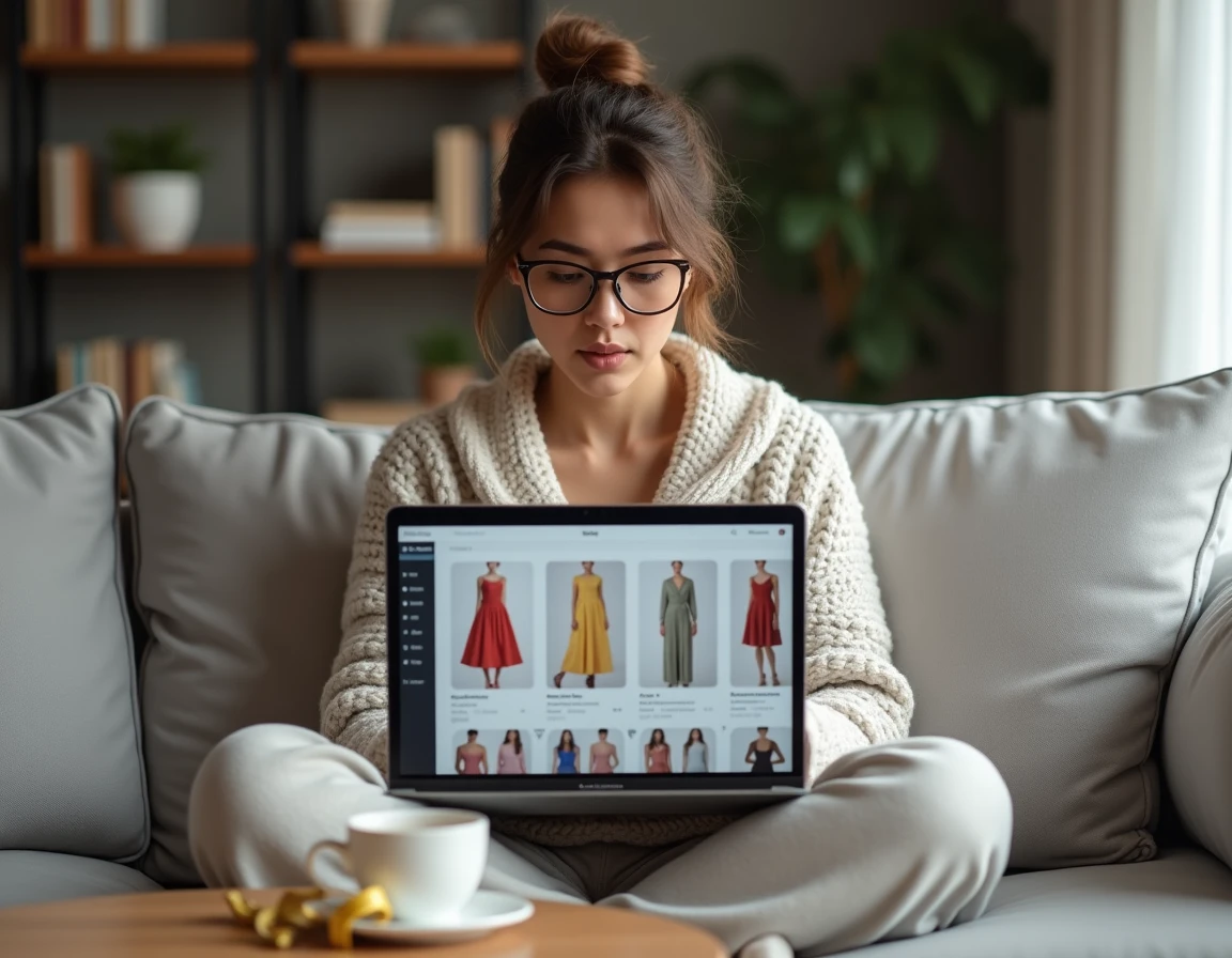 Femme comparant des robes sur un site de vente en ligne depuis son canapé