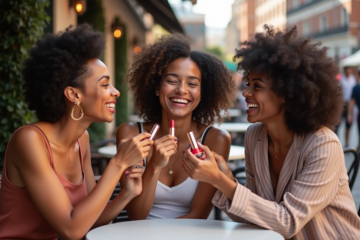 Trois amis comparant leurs rouges à lèvres en extérieur