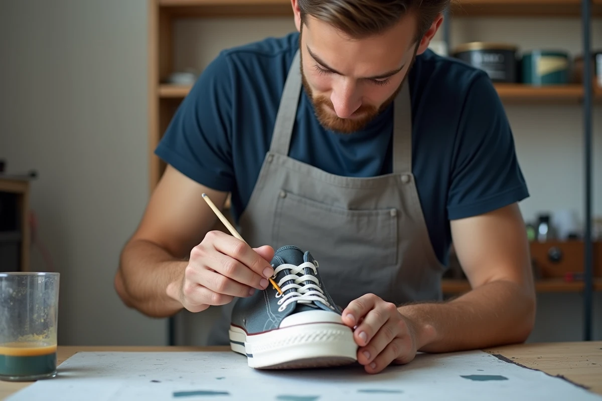 Artisan appliquant de la peinture textile sur une sneaker en toile lors d'une restauration de chaussure à domicile