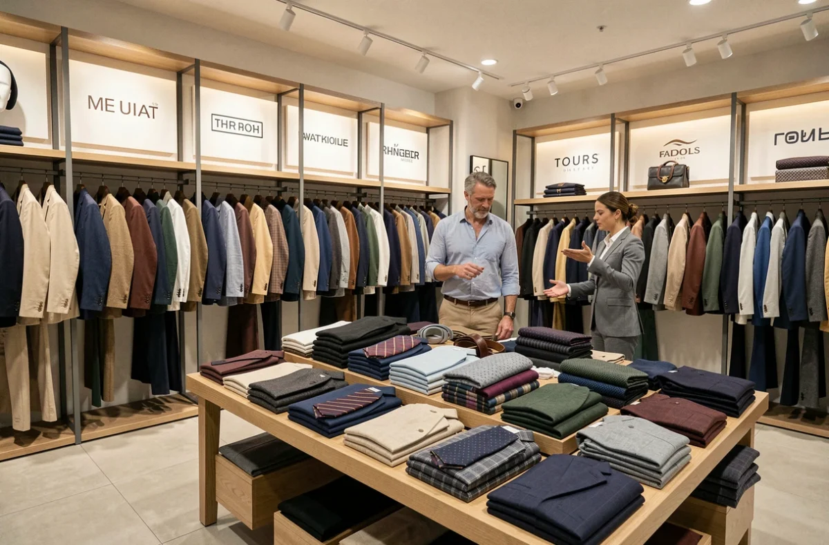 Espace costumes multi-marques pour homme chez Armand Thiery à Tours avec différents styles de vestes exposés