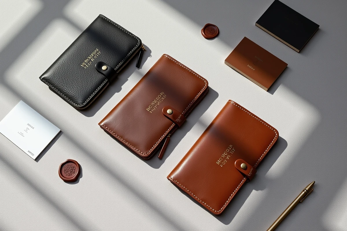 Assortiment de trois porte-monnaie personnalisés pour entreprise en vue à plat sur lin gris, avec logo doré, cartes de visite et accessoires de marque