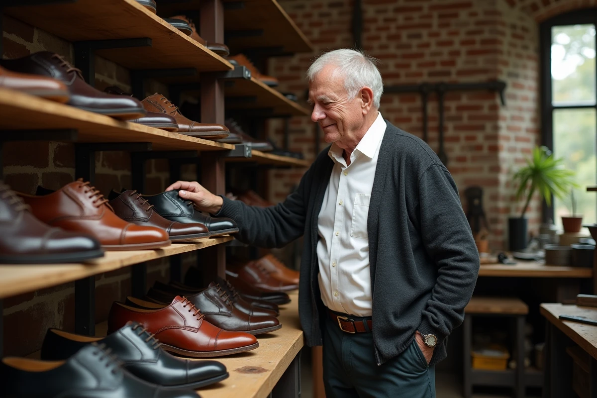 Homme âgé organisant des chaussures dans un atelier vintage