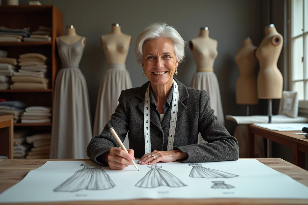 Femme créant des dessins de mode dans un atelier élégant
