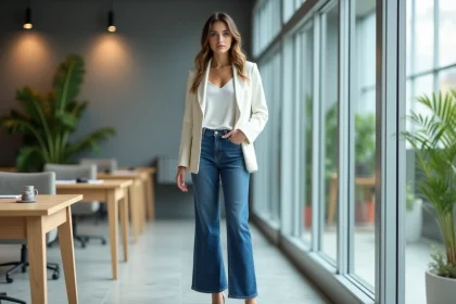 Femme en baggy jean indigo et blazer blanc au bureau moderne, tenue professionnelle tendance