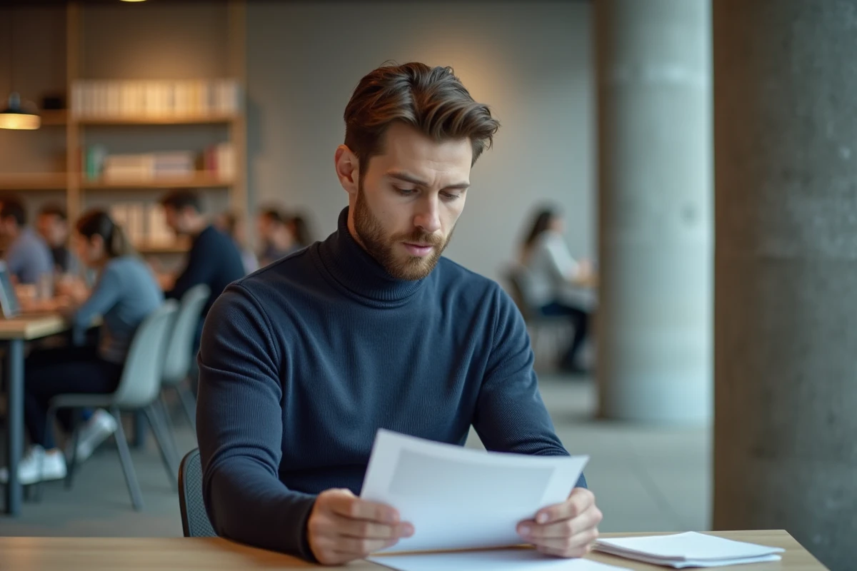 Homme en baggy jean gris et col roulé marine assis à un bureau en co-working, look casual chic professionnel