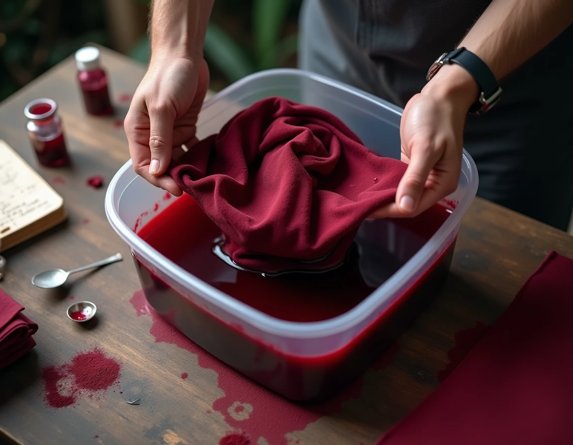 Mains plongeant un tissu polyester bordeaux dans un bain de teinture fixatrice