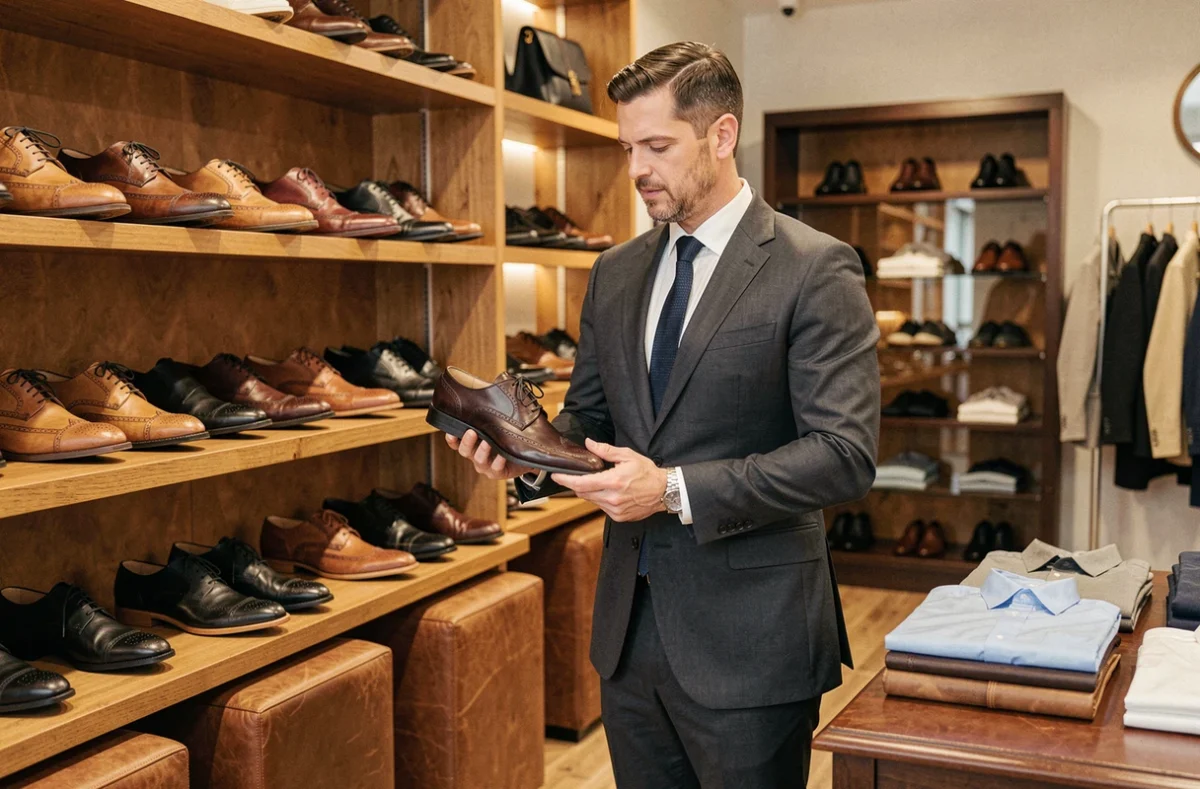 Homme d'affaires en costume sombre examinant des chaussures en cuir dans la boutique Bexley à Orléans