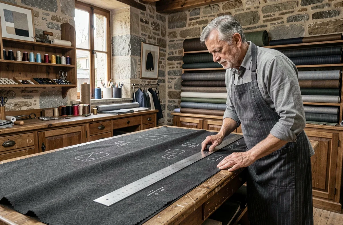 Maître tailleur au travail dans l'atelier haut de gamme Blandin et Delloye à Orléans