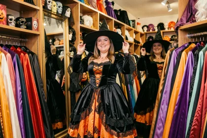 Femme grande taille essayant un costume de sorcière Halloween dans une boutique de déguisements à Paris