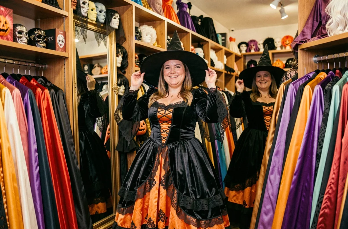 Femme grande taille essayant un costume de sorcière Halloween dans une boutique de déguisements à Paris