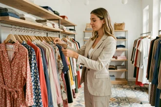 Femme parcourant un portant de vêtements dans une boutique de mode féminine à Marseille