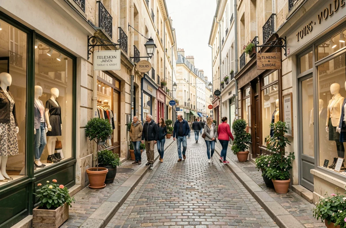 Rue commerçante pittoresque de Tours avec des boutiques de vêtements élégantes et des vitrines de mode soignées