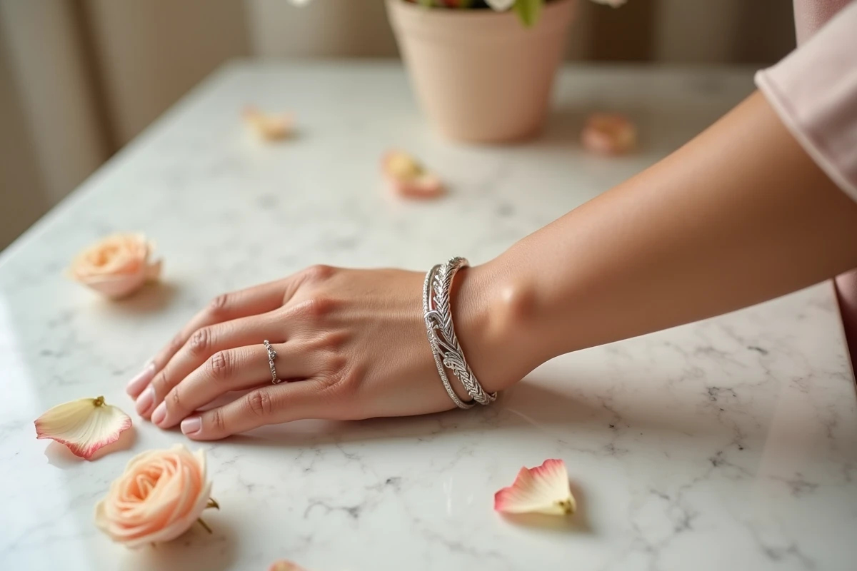 Bracelet femme TRESOR en argent massif posé sur marbre blanc avec détail des gravures artisanales