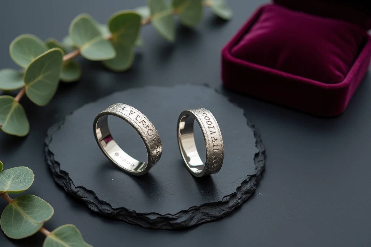 Deux bracelets TRESOR en argent massif présentés sur ardoise avec écrin en velours bordeaux, vue de dessus éditoriale