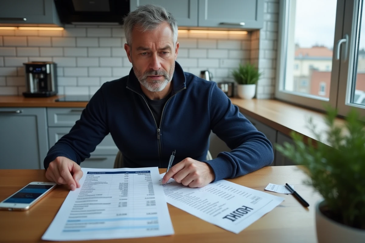 Homme calculant son budget soldes avec des reçus et une application de comparaison de prix à la maison