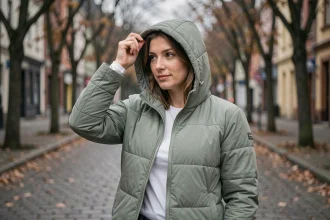 Femme portant une capuche doudoune légère en vert sauge dans une rue pavée en automne