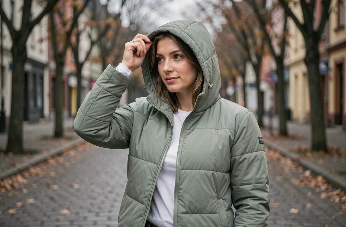Femme portant une capuche doudoune légère en vert sauge dans une rue pavée en automne