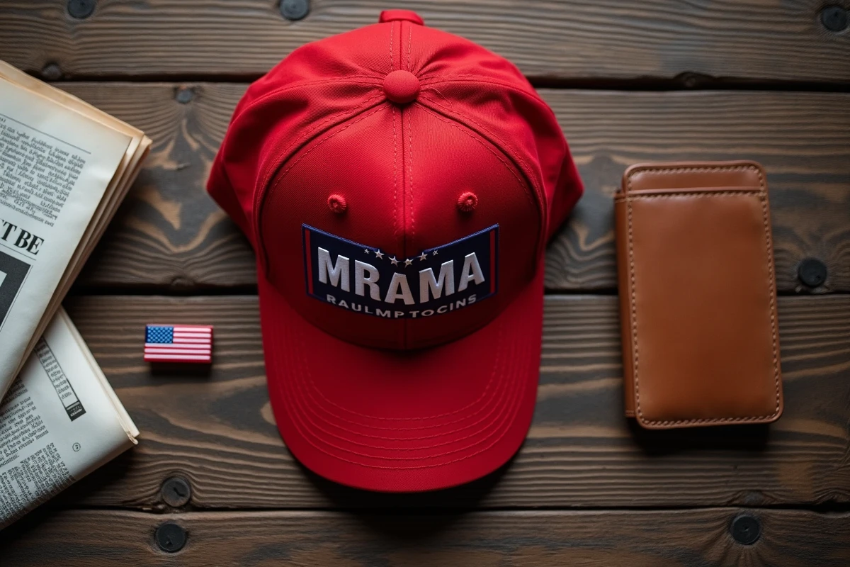 Casquette Trump MAGA en vue à plat sur une table en bois avec drapeau américain et journal politique