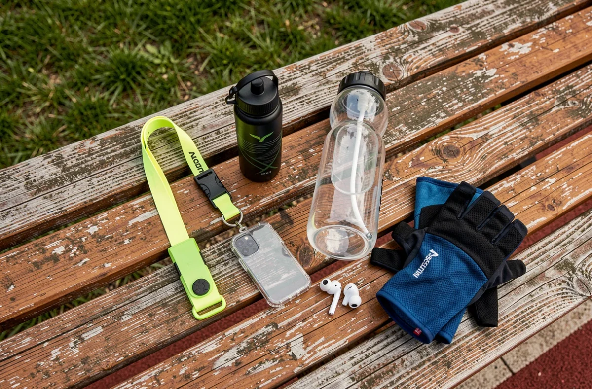 Chaîne de téléphone sport réglable posée sur un banc extérieur avec accessoires de running pour illustrer les équipements sportifs pratiques