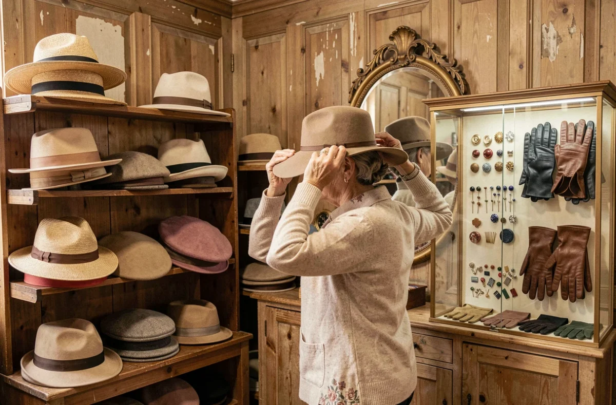 Femme essayant un chapeau à larges bords chez la Chapellerie Brun à Tours entourée d'une collection de chapeaux et accessoires