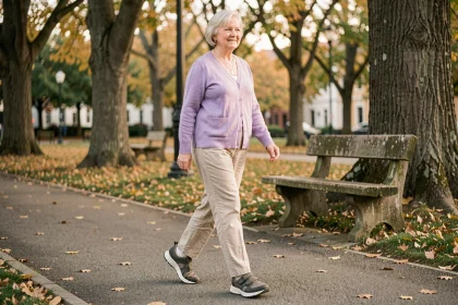 Femme senior marchant avec des chaussures confortables à semelles coussinées dans un parc, stabilité et sécurité à chaque pas
