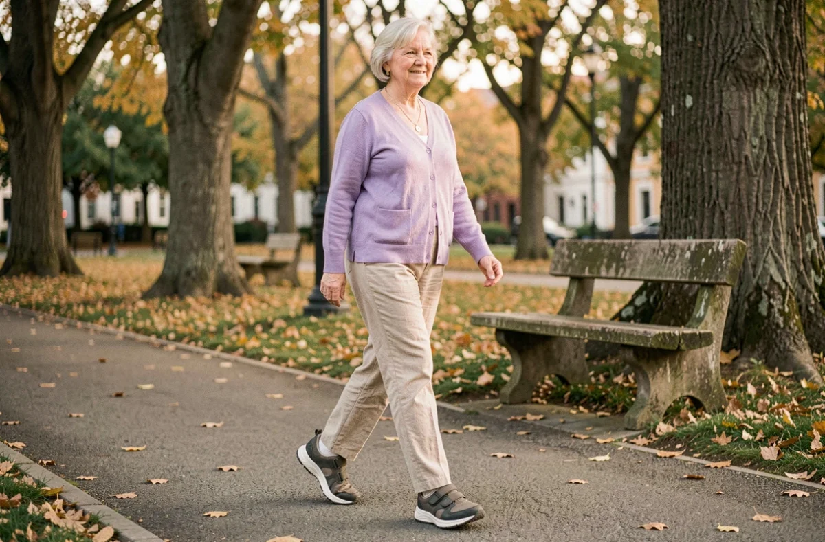 Femme senior marchant avec des chaussures confortables à semelles coussinées dans un parc, stabilité et sécurité à chaque pas
