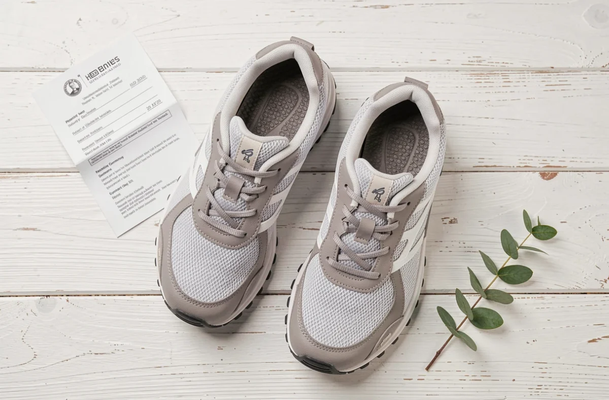 Chaussures de marche pour seniors en gros plan, semelle antidérapante et coussinets de confort visibles, vue de dessus éditoriale