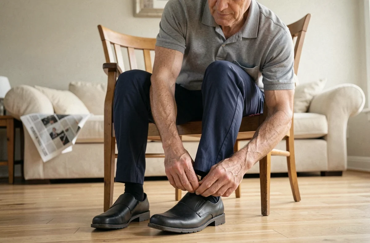 Senior homme enfilant des chaussures orthopédiques confortables à large embout dans un salon, confort et sécurité au quotidien