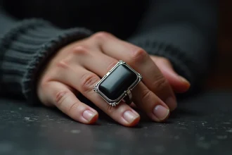Chevalière homme en onyx noir avec monture en argent sterling sur fond d'ardoise