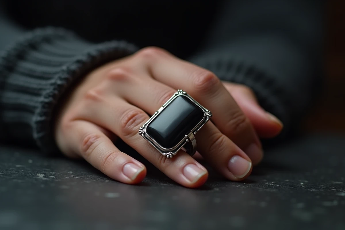 Chevalière homme en onyx noir avec monture en argent sterling sur fond d'ardoise