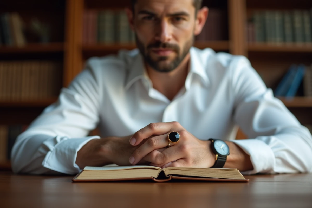 Homme portant une chevalière onyx monture or jaune en bureau contemporain