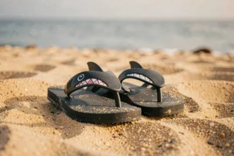 Claquettes requin posées sur le sable chaud d'une plage avec un horizon marin flou en arrière-plan