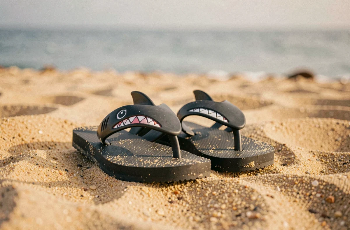 Claquettes requin posées sur le sable chaud d'une plage avec un horizon marin flou en arrière-plan