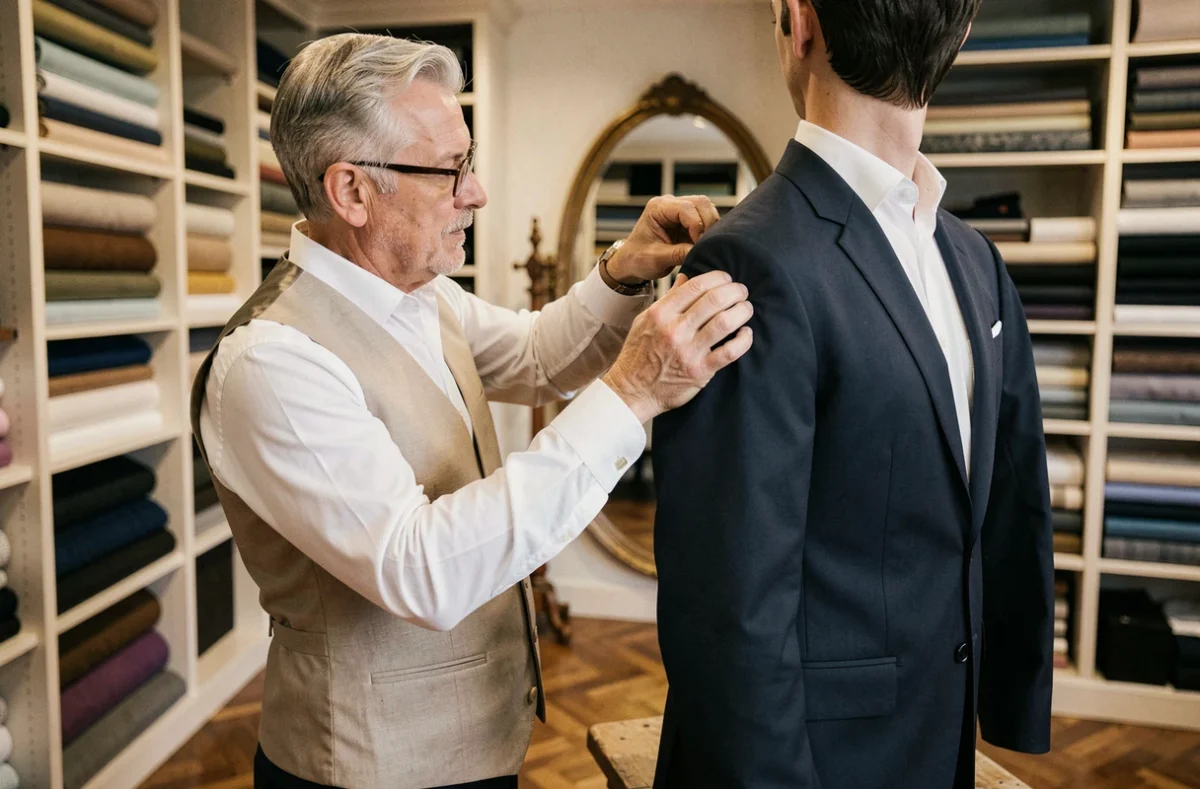 Tailleur ajustant un costume sur mesure sur un client dans la boutique Clavelle à Orléans