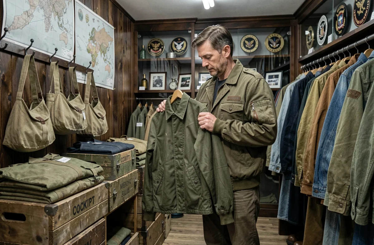 La boutique Cockpit à Lyon spécialisée dans le vintage militaire et workwear, avec un client expert qui inspecte une veste bomber parmi des manteaux de terrain et des denim utilitaires