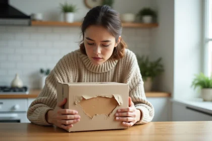 Femme inspectant un colis abîmé reçu via Vinted Go sur une table de cuisine