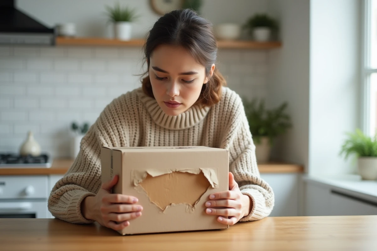 Femme inspectant un colis abîmé reçu via Vinted Go sur une table de cuisine