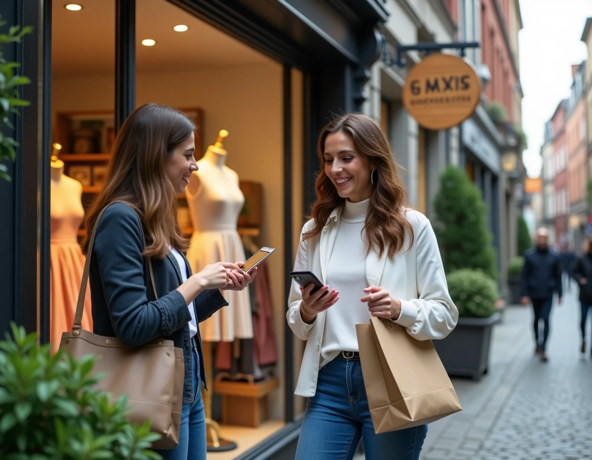 Deux femmes comparant achat en boutique et achat en ligne devant une boutique de robes