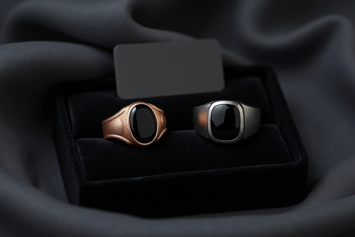 Comparaison de deux chevalières homme en onyx, monture or rose et titane noir, sur plateau velours