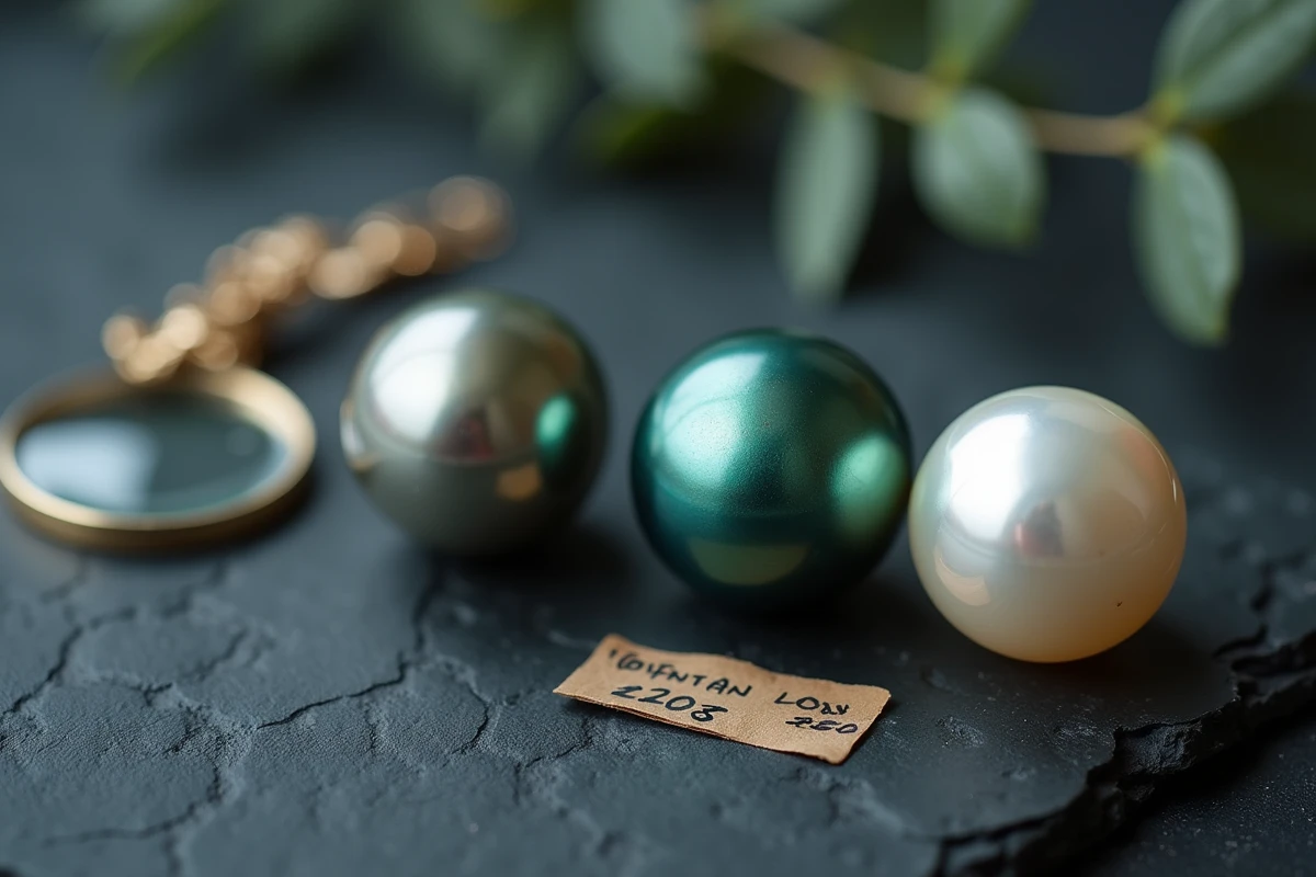 Comparaison macro entre une vraie perle de Tahiti et des fausses perles imitées posées sur une surface en ardoise avec une loupe de bijoutier