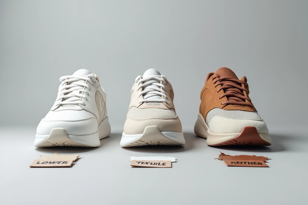 Comparatif de trois sneakers peintes selon leur matière : cuir lisse, mesh textile et daim, avec échantillons de peinture
