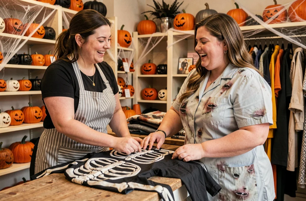 Vendeuse conseillant une cliente grande taille pour un costume d'Halloween dans une boutique parisienne