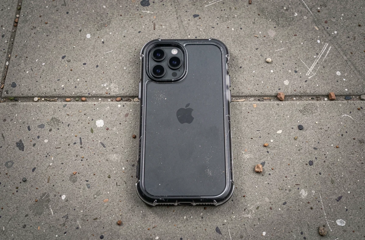 Coque de protection transparente pour iPhone 15 Pro posée sur un trottoir en béton après une chute, vue de dessus