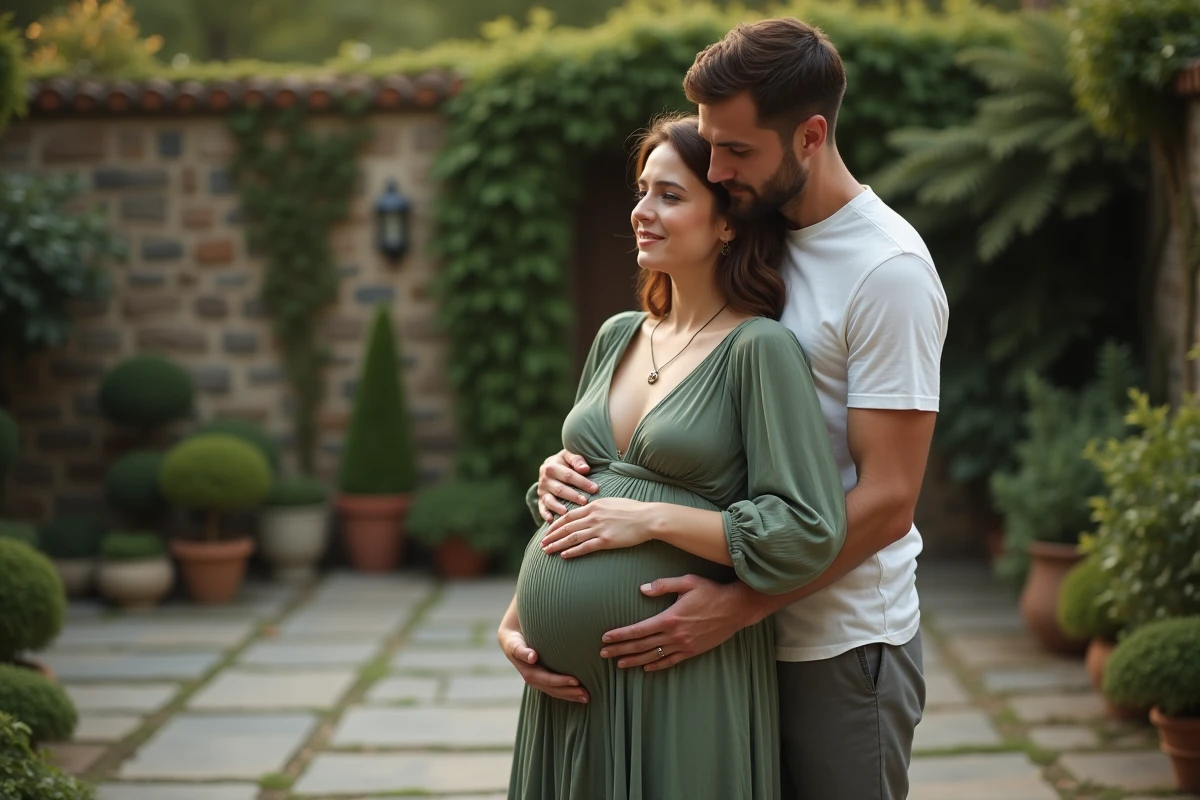 Couple attendant un bébé tenant ensemble un bola de grossesse doré rose dans un jardin extérieur verdoyant