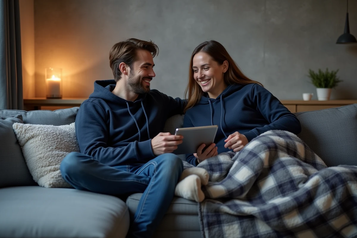 Couple en pilou pilou adulte assorti partageant un plaid sherpa XXL sur un canapé lors d'une soirée séries détendue