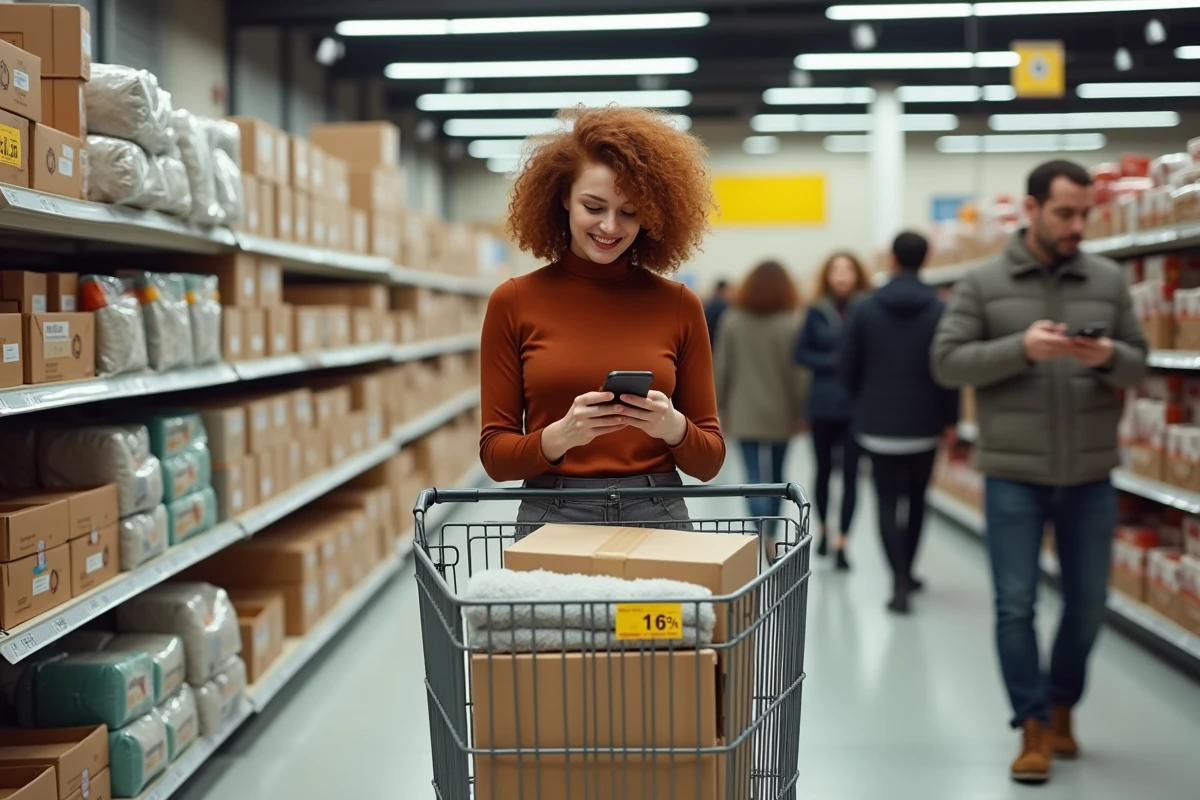 Jeune femme faisant ses courses dans un hypermarché français pendant les soldes de janvier