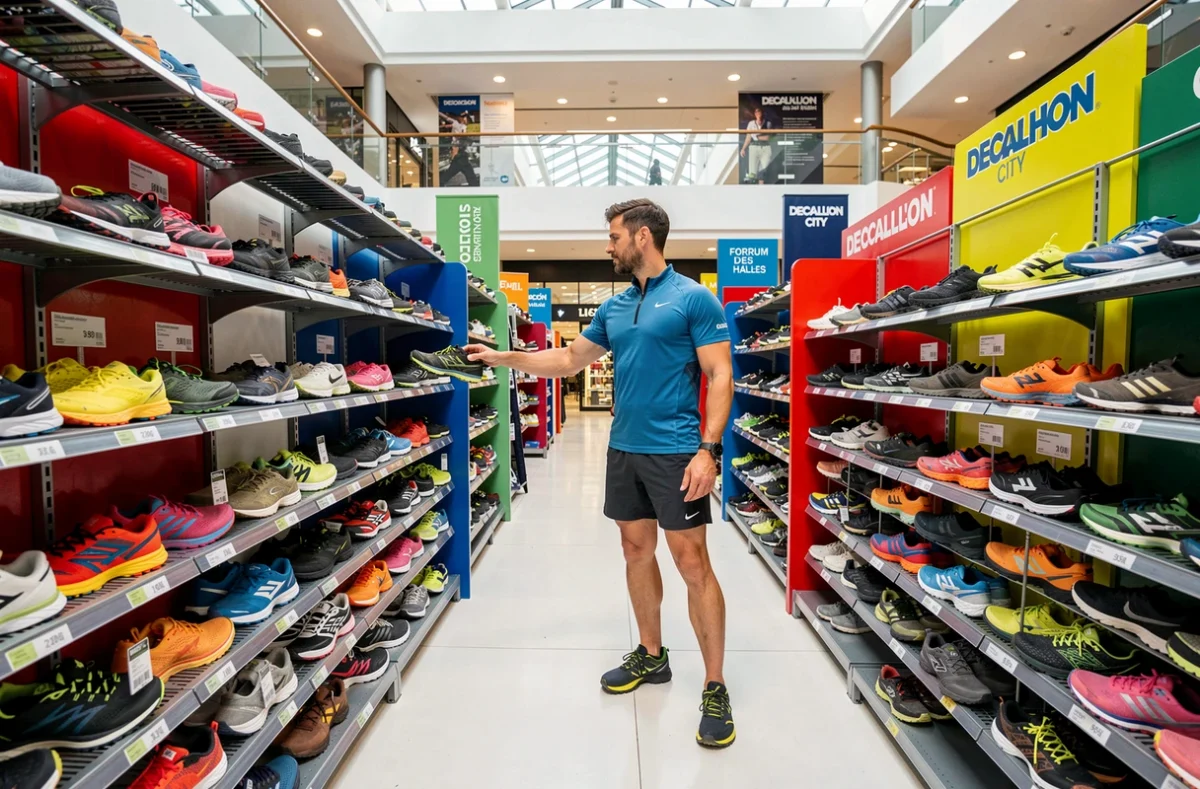 Un homme parcourant le rayon chaussures de running au Decathlon City du Forum des Halles