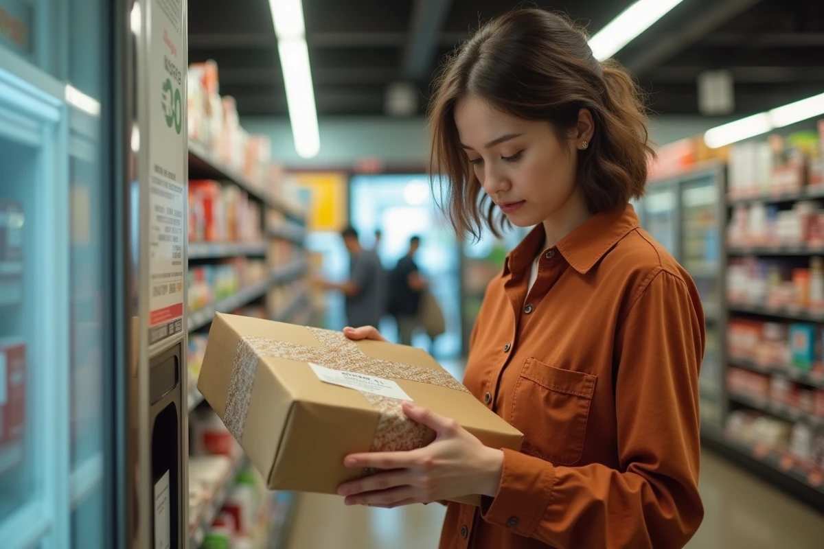 Femme déposant un colis Vinted Go dans un point relais en magasin de proximité