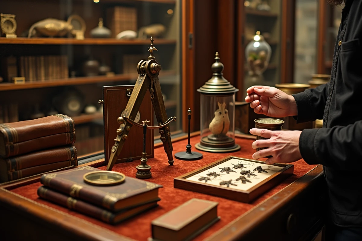Détail des objets de collection exposés chez Djadjas à Lille, sextant en laiton, spécimen marin et carnets anciens sur table en velours