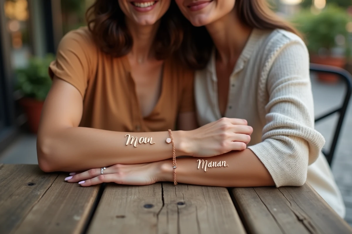 Deux amies portant des bracelets personnalisés avec prénom en or rose à une terrasse de café, idée cadeau bracelet duo